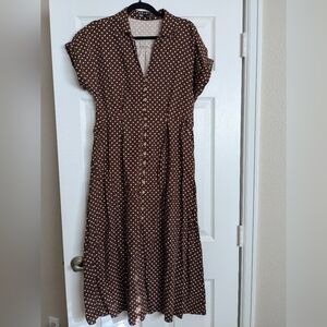 Zara Brown White Button Down Linen Blend Polka Dot Dress Size L Missing Belt
